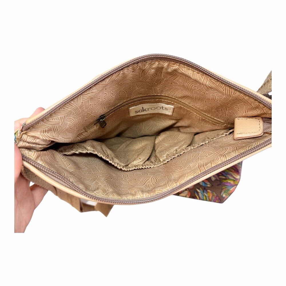 Sakroots Crossbody Bag Brown Multicolor Bird Print Boho Zip Adjustable Strap - Picture 5 of 5